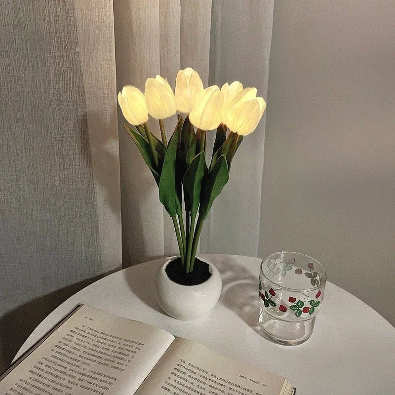 Table Lamp with LED Tulips, Ceramic Pot and Warm Light