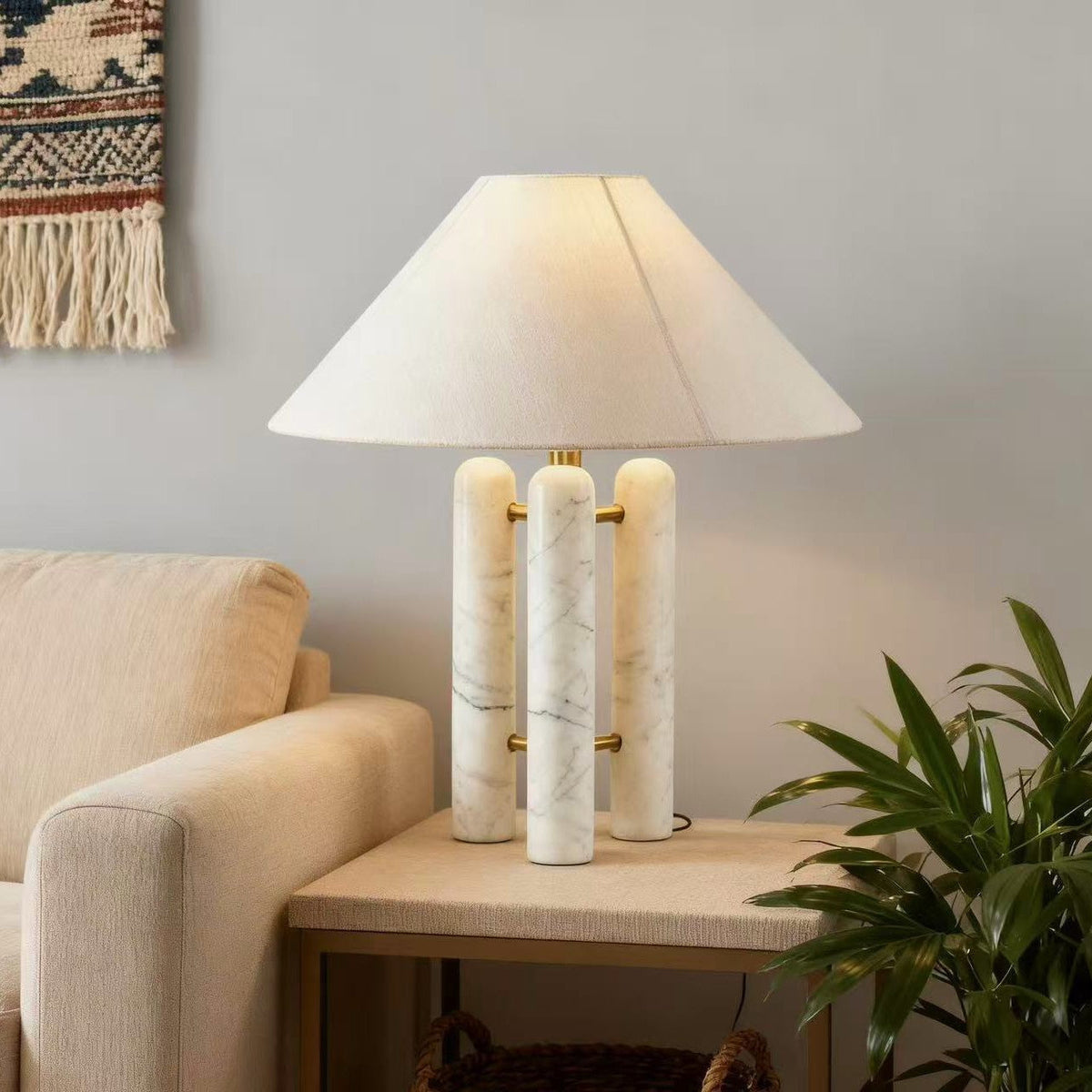 Table Lamp with Three Marble Columns, Linen Shade and Dimmable Light
