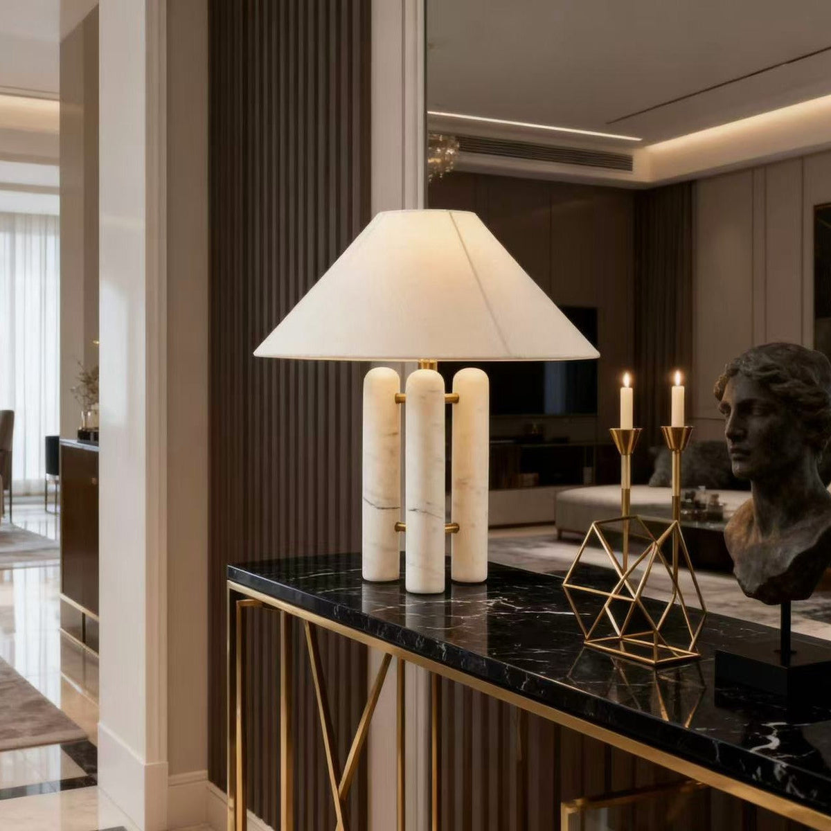 Table Lamp with Three Marble Columns, Linen Shade and Dimmable Light