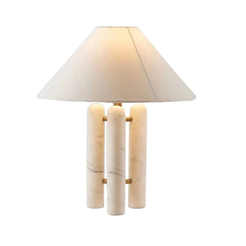 Table Lamp with Three Marble Columns, Linen Shade and Dimmable Light