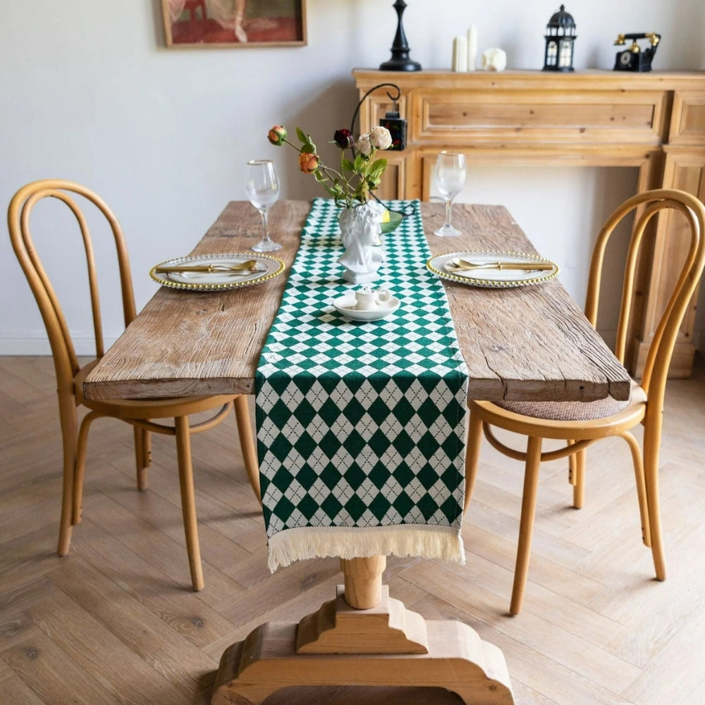 Table Runner in Microfibre Blend with Diamond Pattern and Fringed Ends