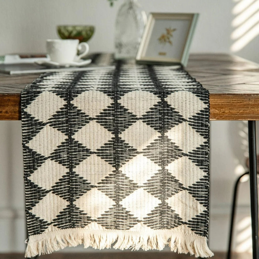 Table Runner in Microfibre Blend with Fringed Ends and Diamond Pattern
