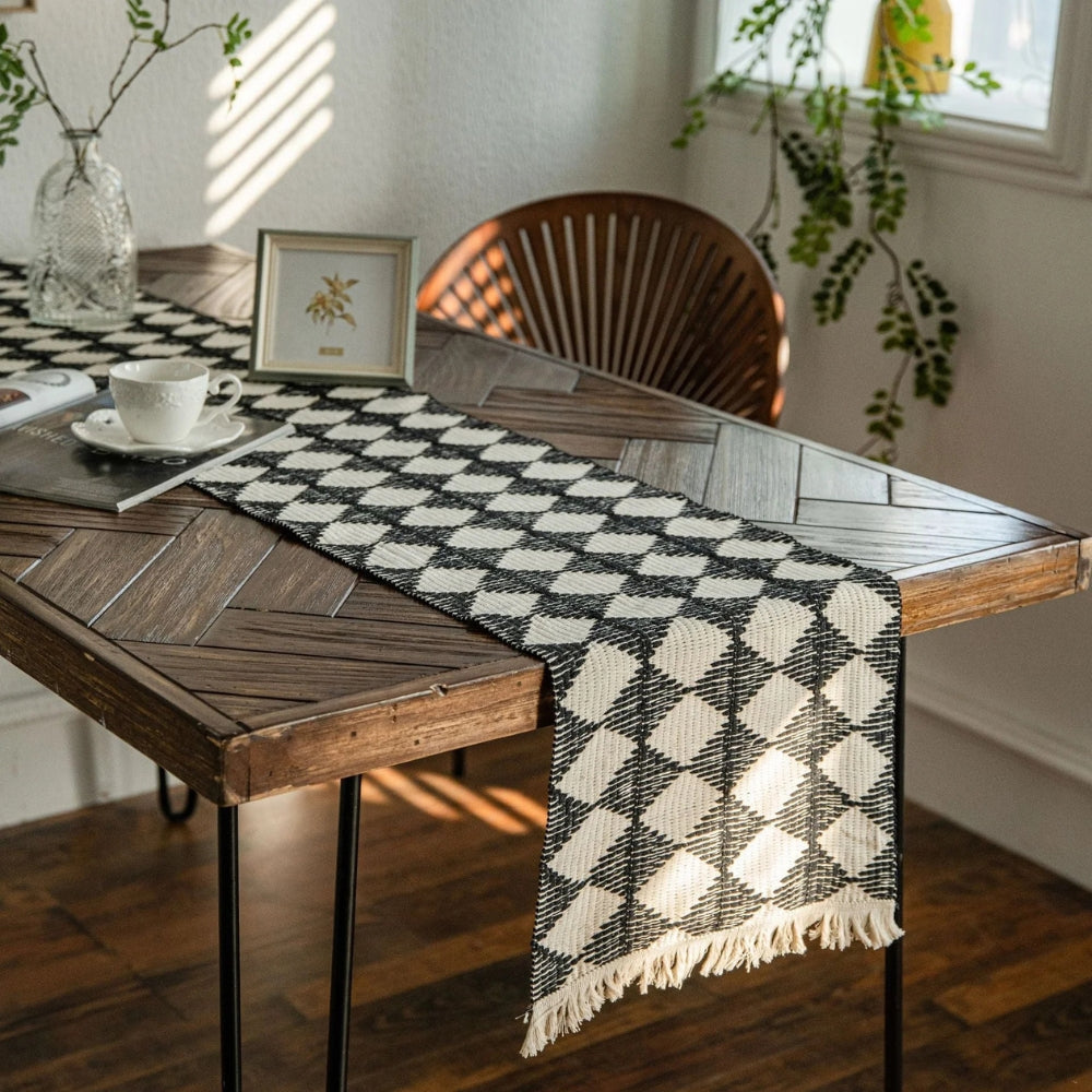 Table Runner in Microfibre Blend with Fringed Ends and Diamond Pattern