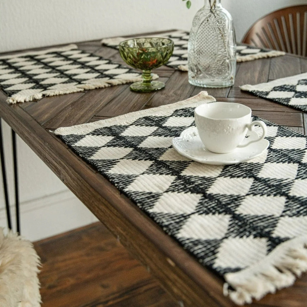 Table Runner in Microfibre Blend with Fringed Ends and Diamond Pattern