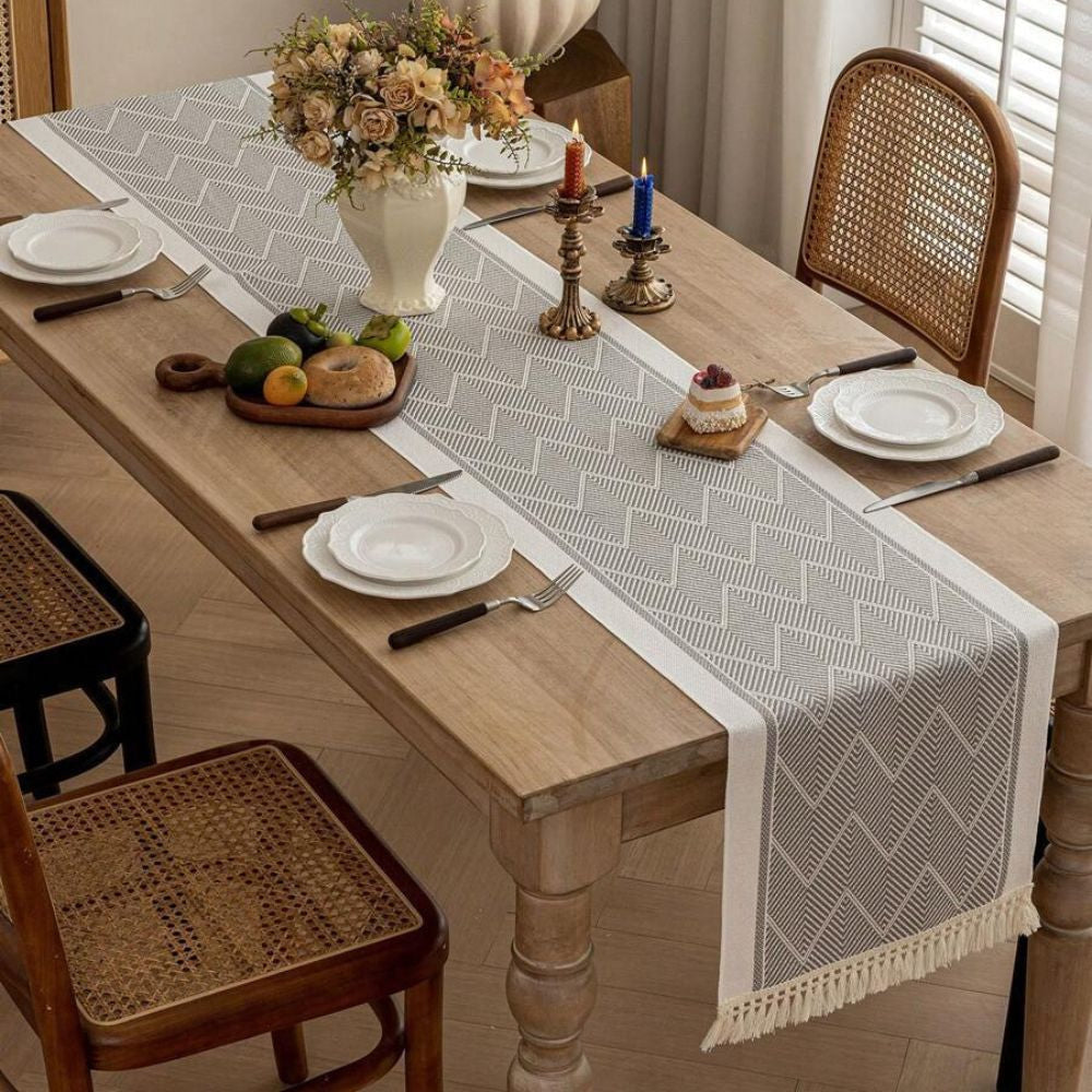 Table Runner in Woven Cotton Blend with Zigzag Pattern and Fringed Ends