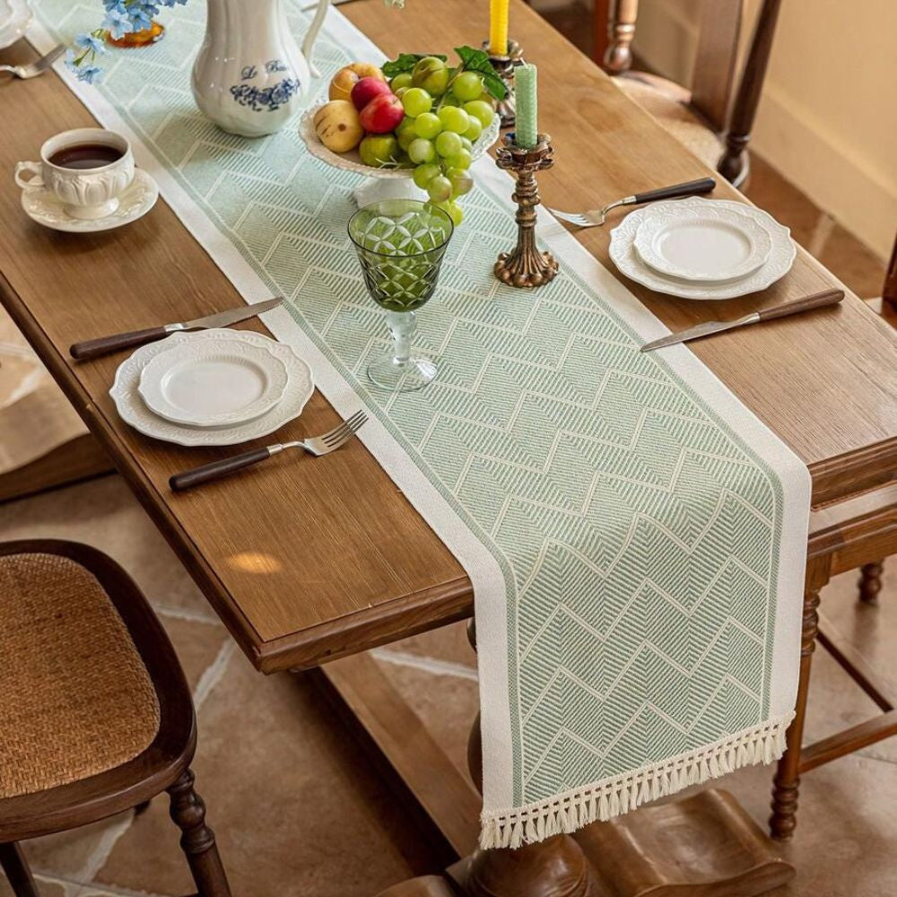 Table Runner in Woven Cotton Blend with Zigzag Pattern and Fringed Ends