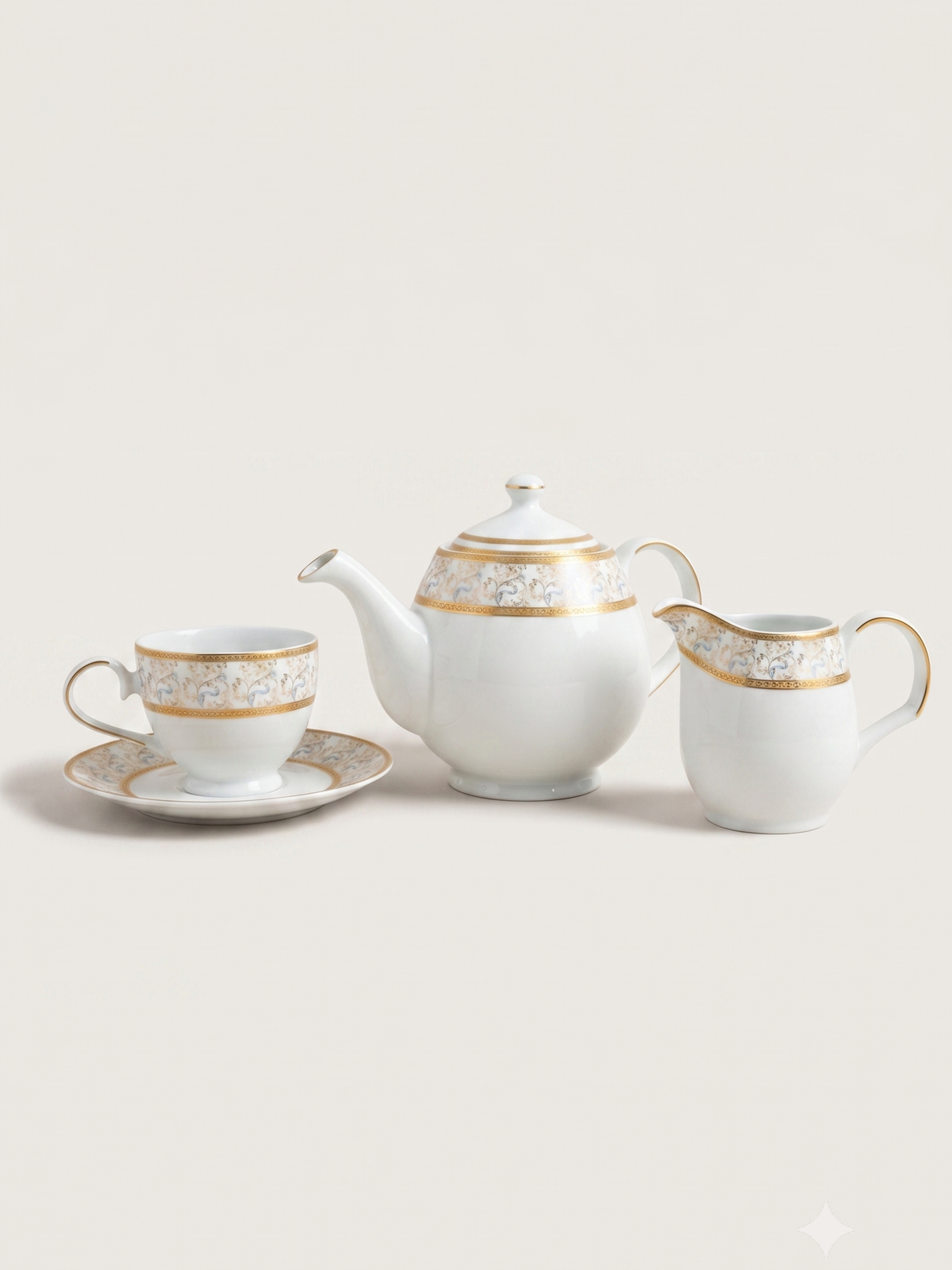 Teapot in Porcelain with Milk Jug, Rounded Shape and Floral Gold Decoration