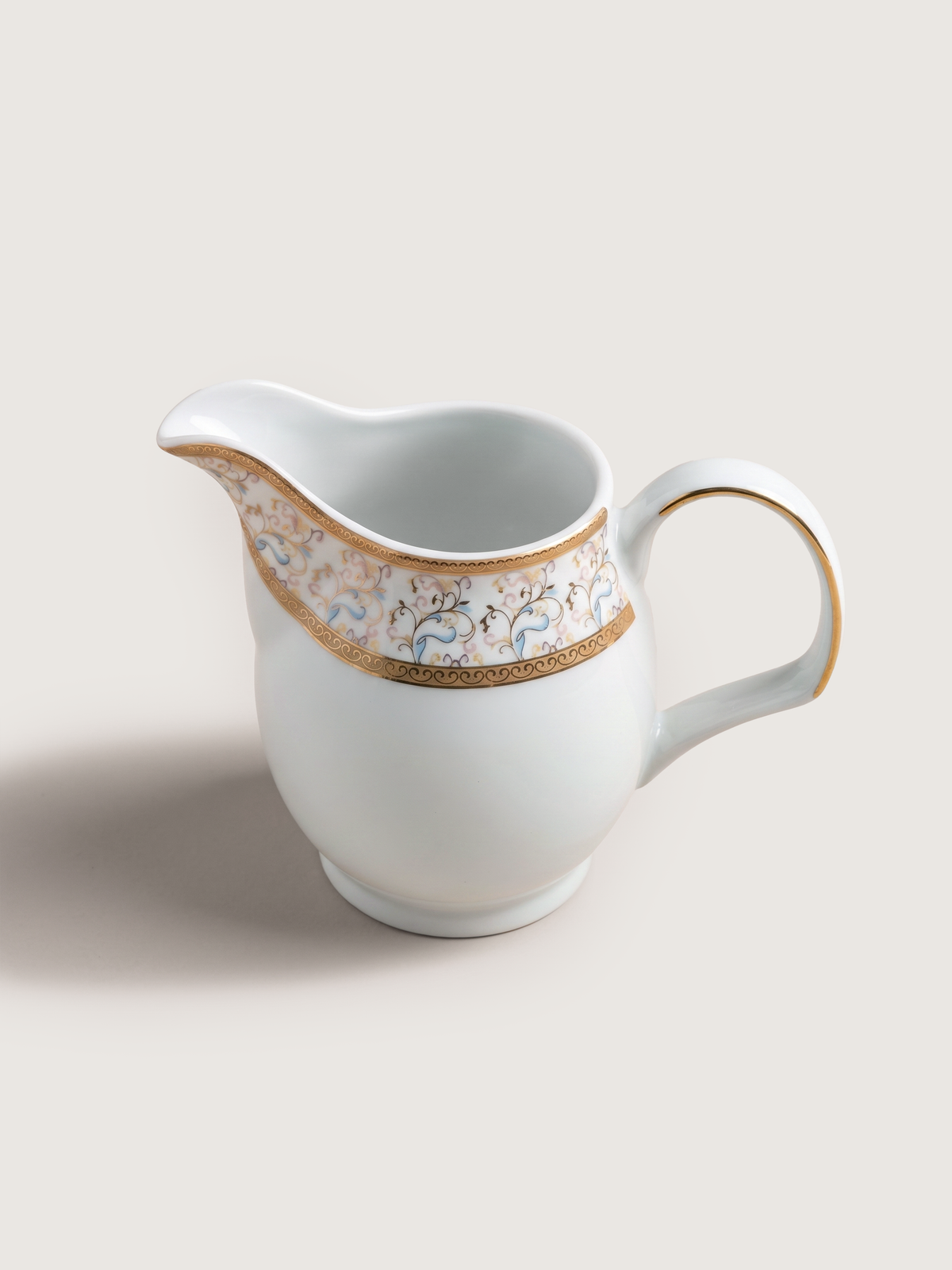 Teapot in Porcelain with Milk Jug, Rounded Shape and Floral Gold Decoration