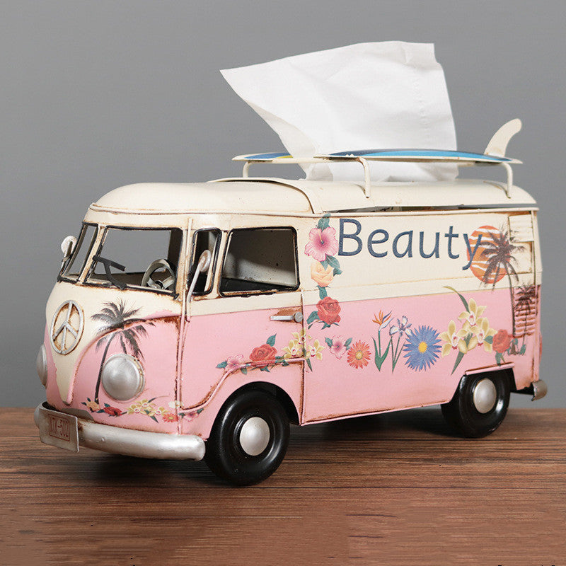 Tissue Box Cover in Handcrafted Iron, Retro Bus Shape
