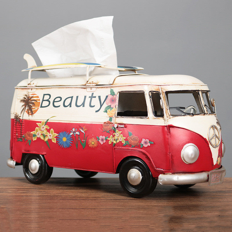 Tissue Box Cover in Handcrafted Iron, Retro Bus Shape