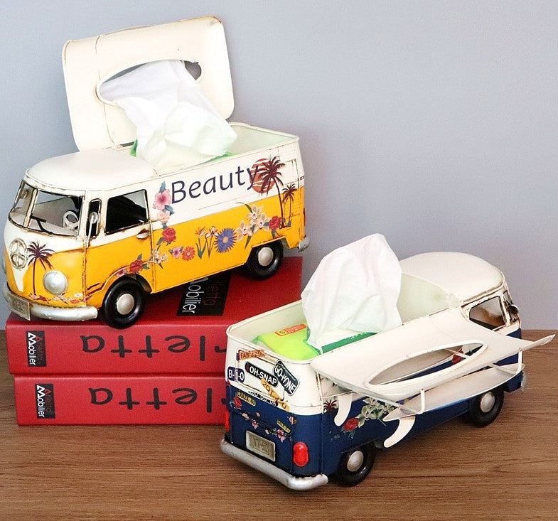 Tissue Box Cover in Handcrafted Iron, Retro Bus Shape
