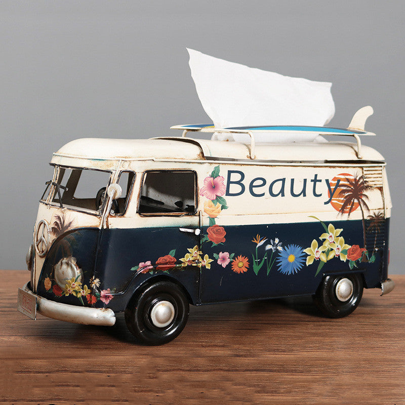 Tissue Box Cover in Handcrafted Iron, Retro Bus Shape