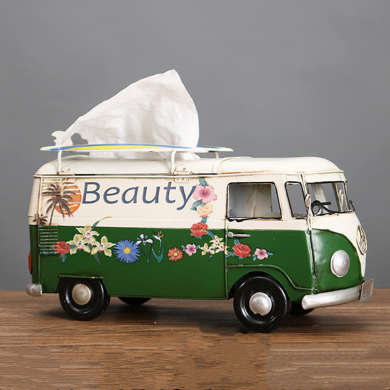 Tissue Box Cover in Handcrafted Iron, Retro Bus Shape