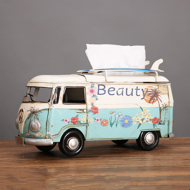 Tissue Box Cover in Handcrafted Iron, Retro Bus Shape