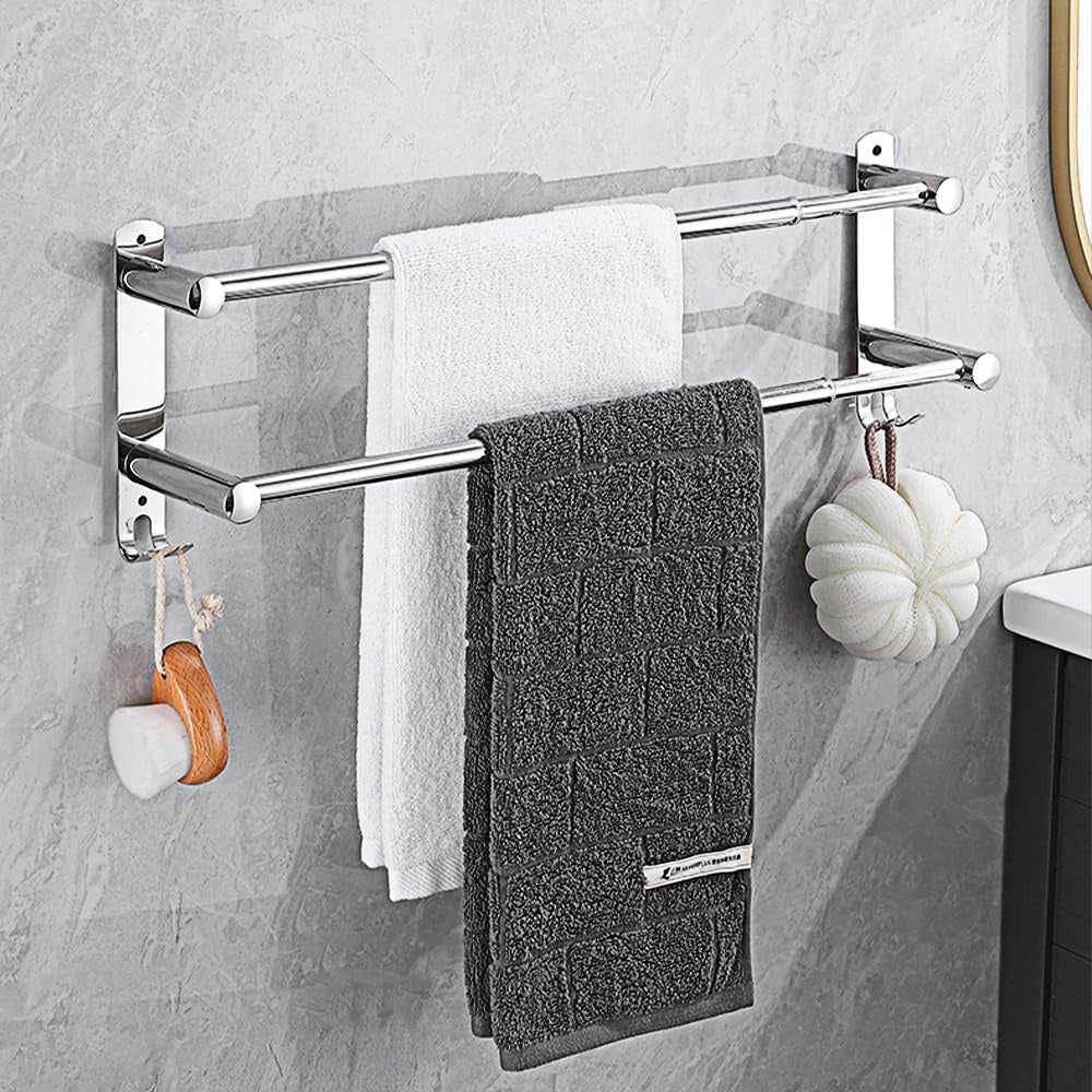 Towel Rack in 304 Stainless Steel, Extendable, Wall-Mounted with Hooks