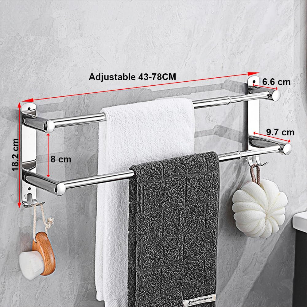 Towel Rack in 304 Stainless Steel, Extendable, Wall-Mounted with Hooks