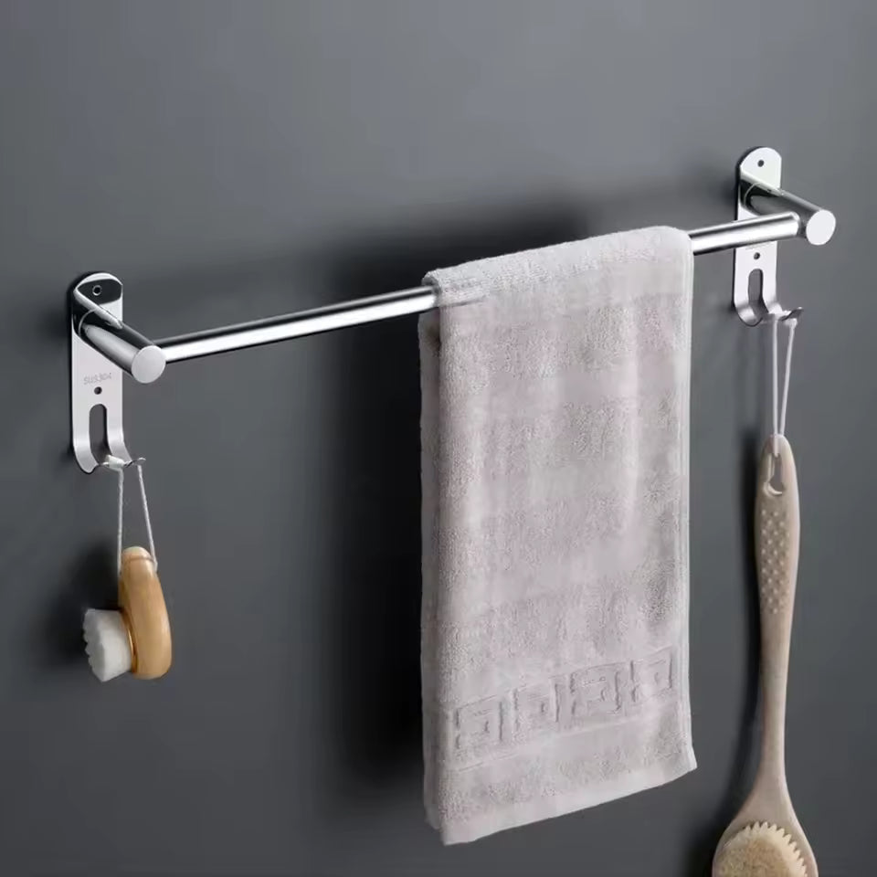 Towel Rack in 304 Stainless Steel, Extendable, Wall-Mounted with Hooks
