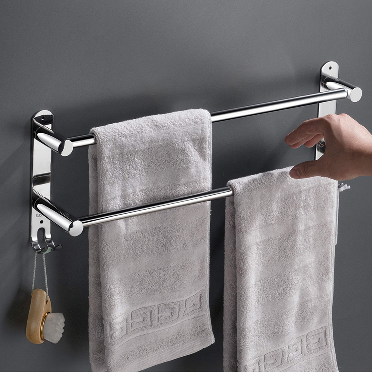 Towel Rack in 304 Stainless Steel, Extendable, Wall-Mounted with Hooks