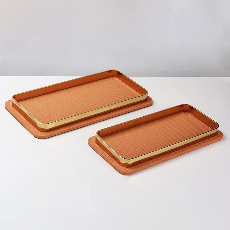 Tray in Embossed Leather with Metal Frame, Rectangular Decorative Tray