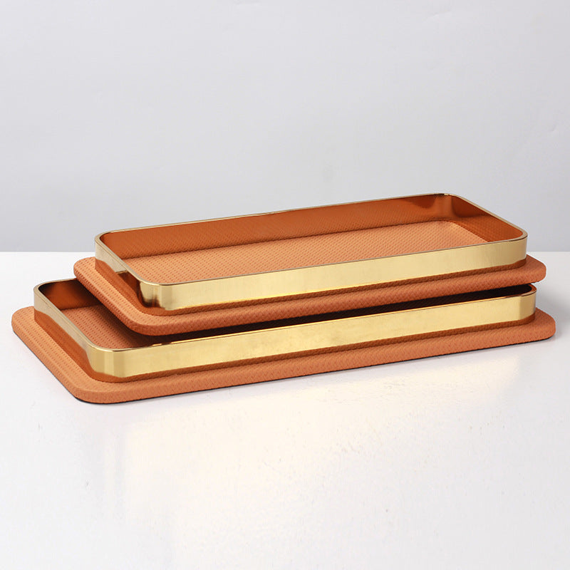 Tray in Embossed Leather with Metal Frame, Rectangular Decorative Tray