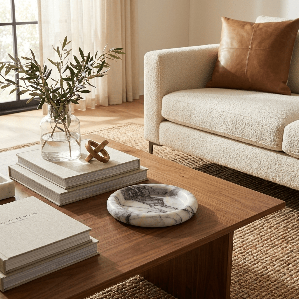 Tray in Natural Stone, Round and Polished with a Raised Rim
