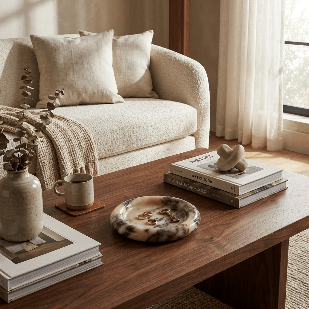 Tray in Natural Stone, Round and Polished with a Raised Rim