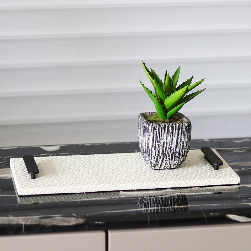 Tray in Woven Leather, Rectangular with Metal Handles