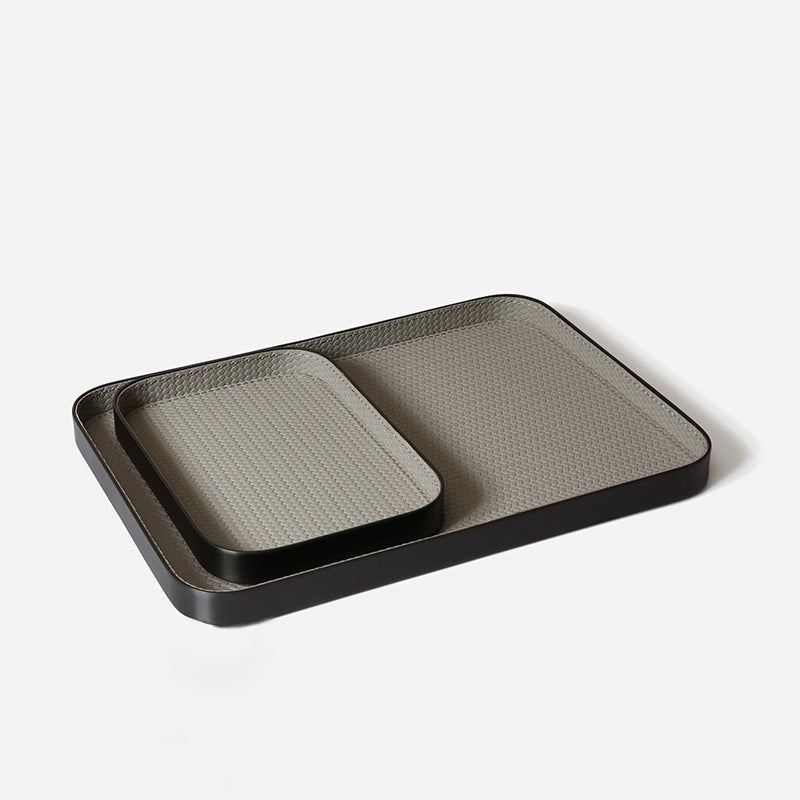 Tray in Woven Leather with Stainless Steel Frame, Rectangular