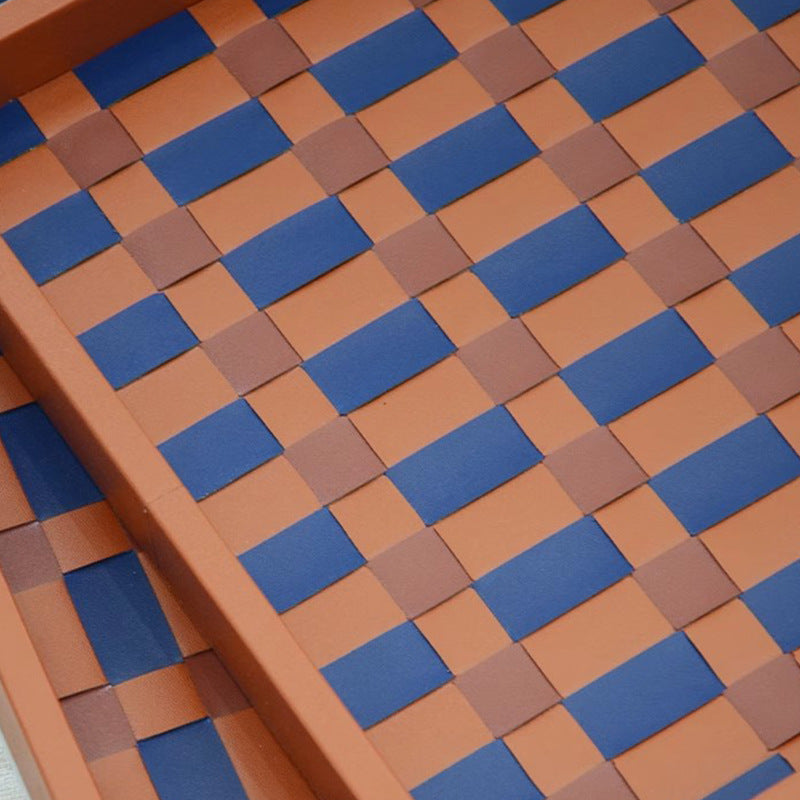 Tray in Woven Smooth Leather with Chequerboard Base and Raised Rim