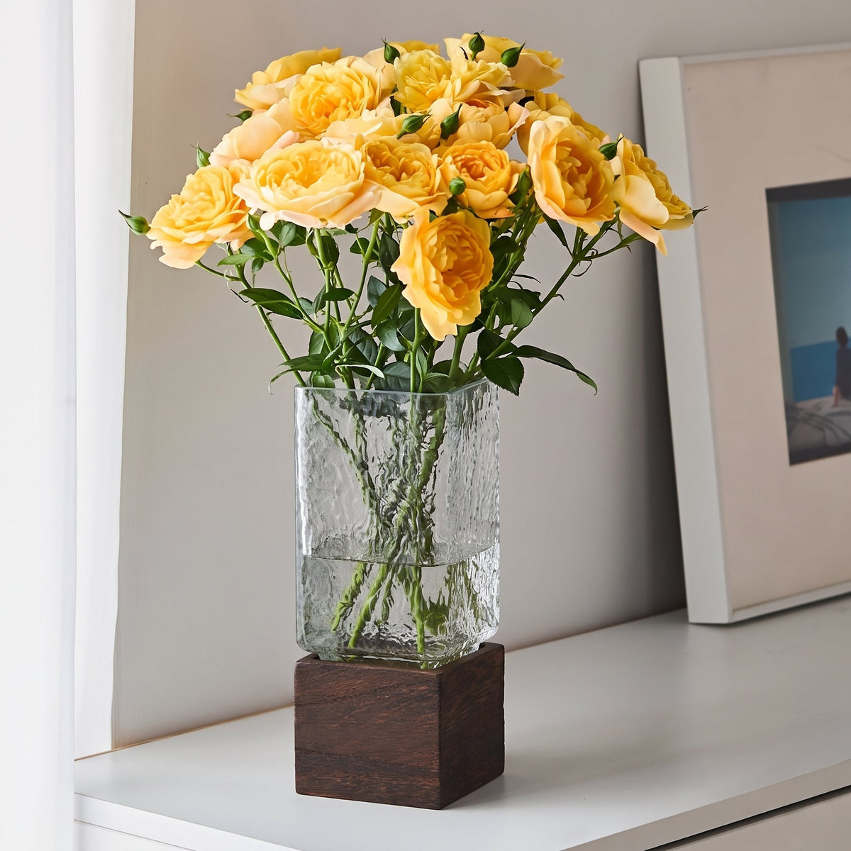 Vase in Acrylic with Wooden Base, Rectangular Shape and Removable Insert