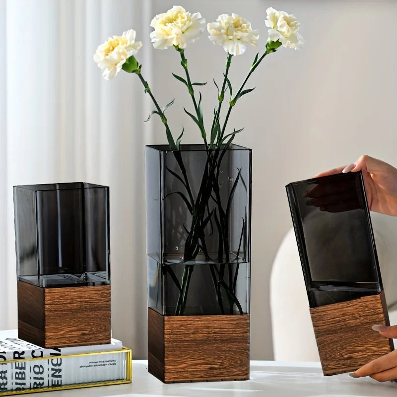 Vase in Acrylic with Wooden Base, Rectangular Shape and Removable Insert