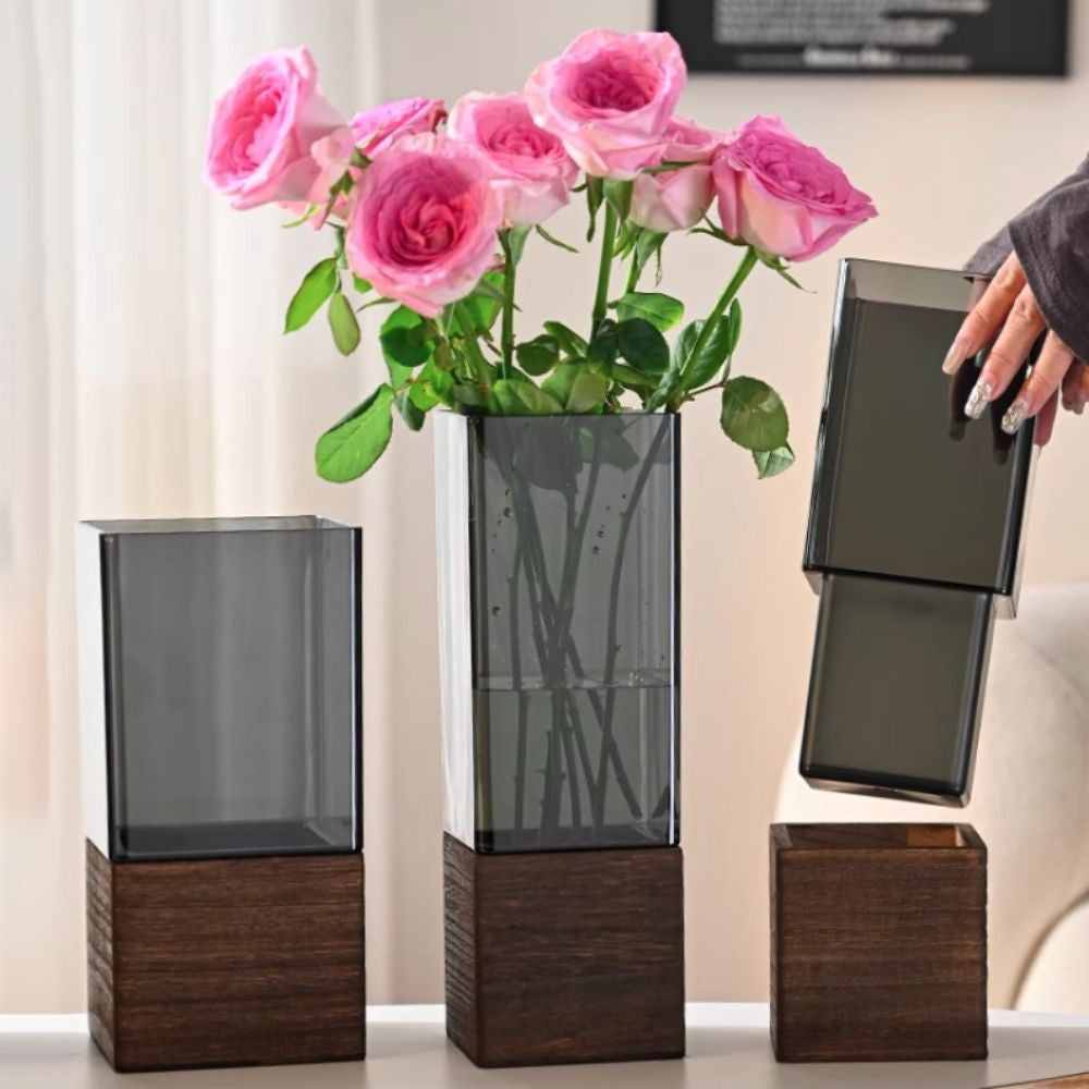Vase in Acrylic with Wooden Base, Rectangular Shape and Removable Insert