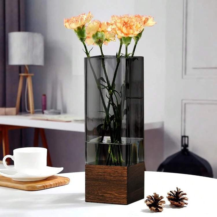 Vase in Acrylic with Wooden Base, Rectangular Shape and Removable Insert