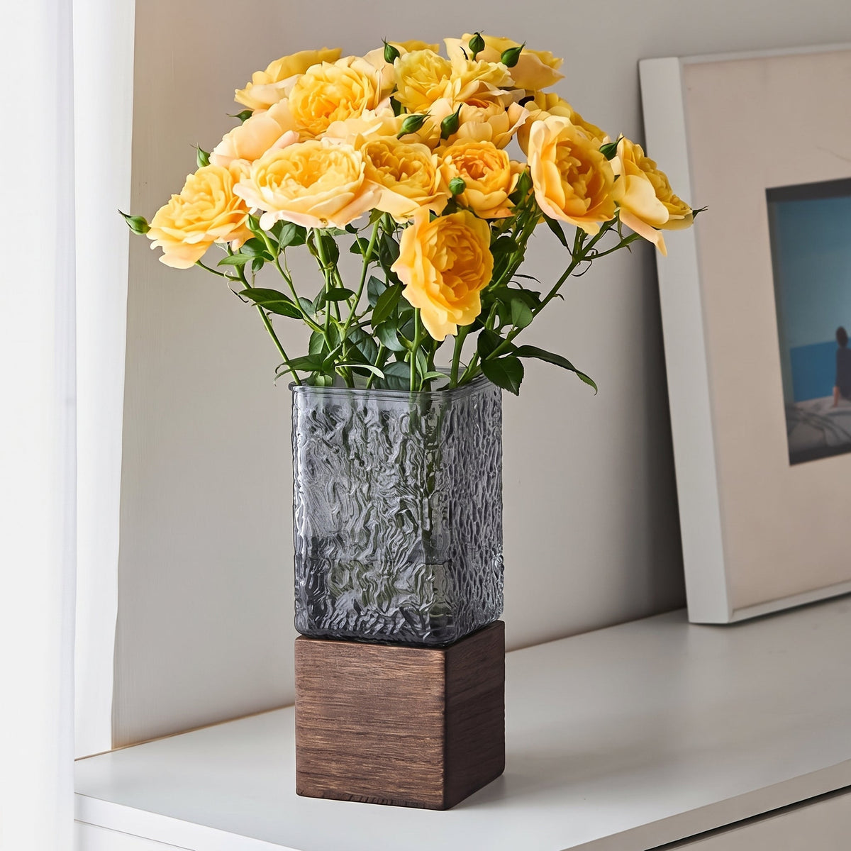 Vase in Acrylic with Wooden Base, Rectangular Shape and Removable Insert