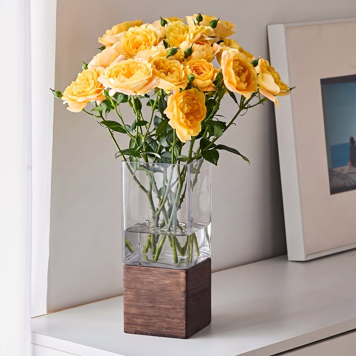 Vase in Acrylic with Wooden Base, Rectangular Shape and Removable Insert