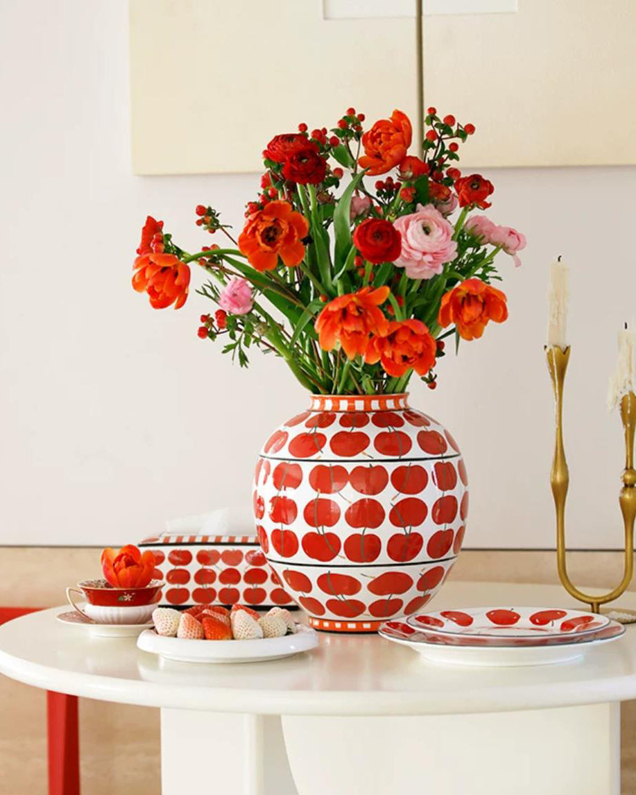 Vase in Glazed Ceramic, Hand-Painted Cherry Pattern, Watertight
