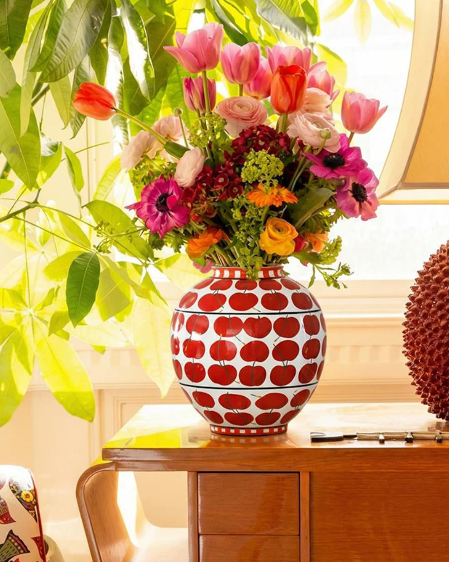 Vase in Glazed Ceramic, Hand-Painted Cherry Pattern, Watertight
