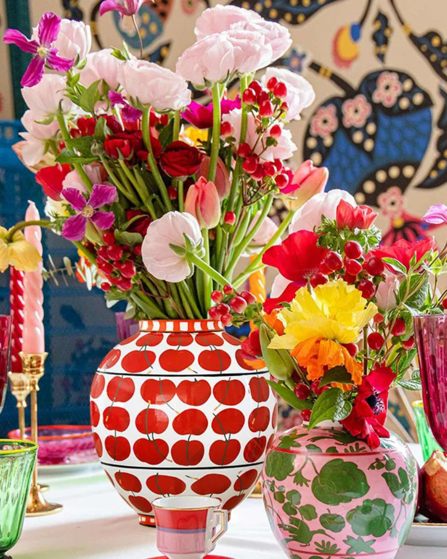 Vase in Glazed Ceramic, Hand-Painted Cherry Pattern, Watertight