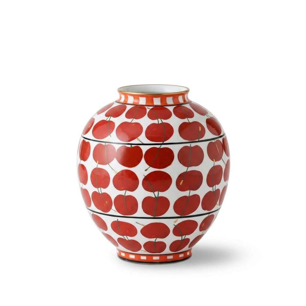 Vase in Glazed Ceramic, Hand-Painted Cherry Pattern, Watertight