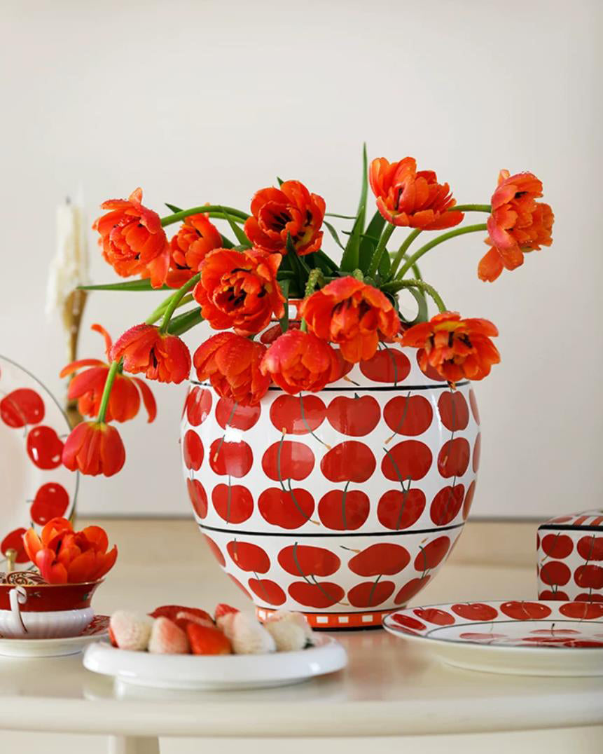 Vase in Glazed Ceramic, Hand-Painted Cherry Pattern, Watertight