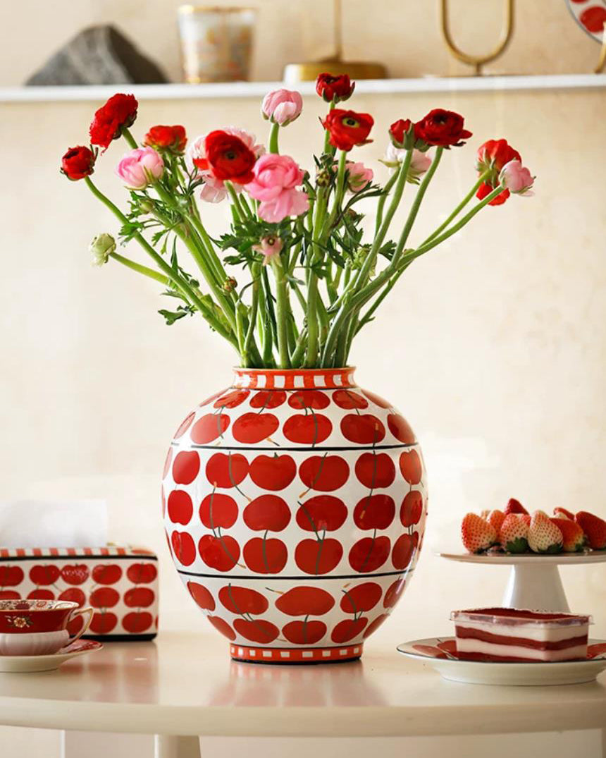 Vase in Glazed Ceramic, Hand-Painted Cherry Pattern, Watertight