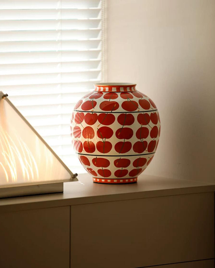 Vase in Glazed Ceramic, Hand-Painted Cherry Pattern, Watertight