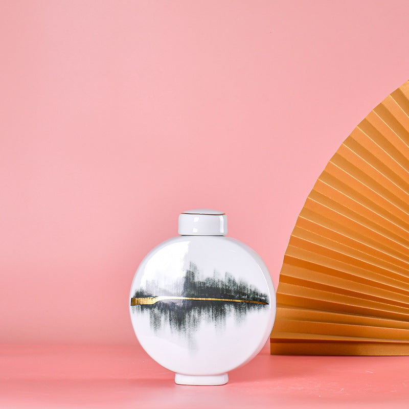 Vase in Glazed Ceramic with Lid, Hand-Painted Ink Landscape and Gold Line