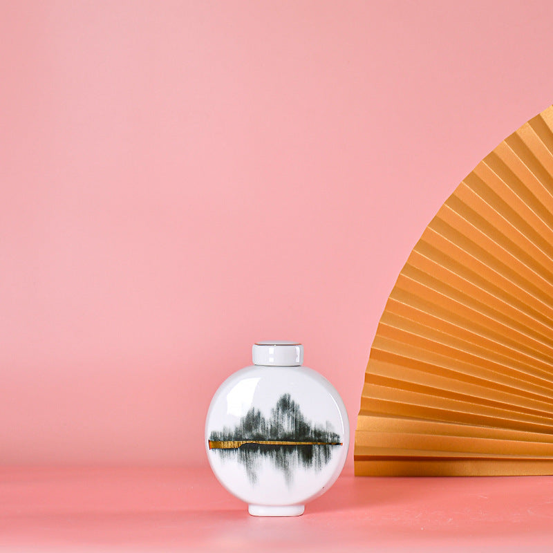 Vase in Glazed Ceramic with Lid, Hand-Painted Ink Landscape and Gold Line