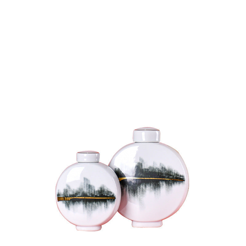 Vase in Glazed Ceramic with Lid, Hand-Painted Ink Landscape and Gold Line