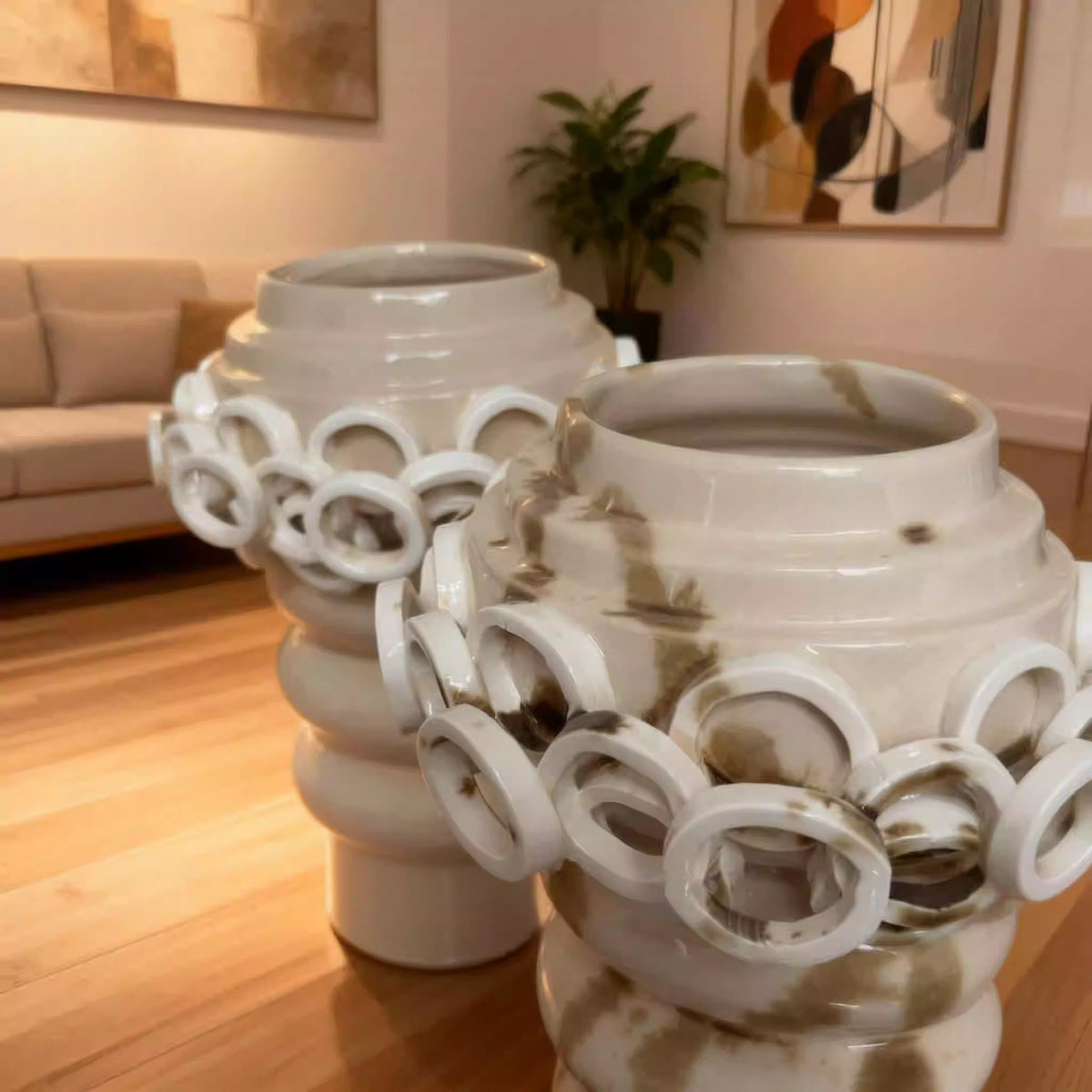 Vase in Glossy Glazed Ceramic with Hand-Shaped Ring Decoration
