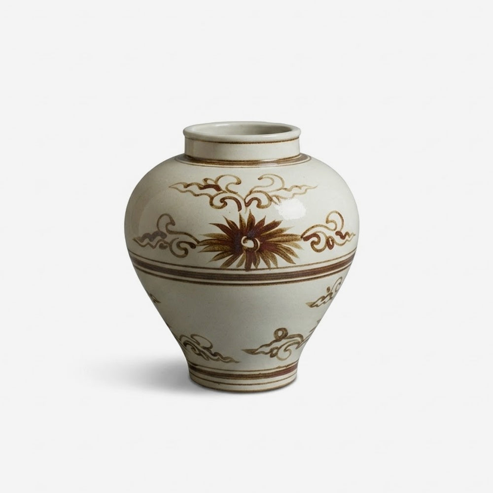 Vase in High-Fired Ceramic with Hand-Painted Motifs and Glaze