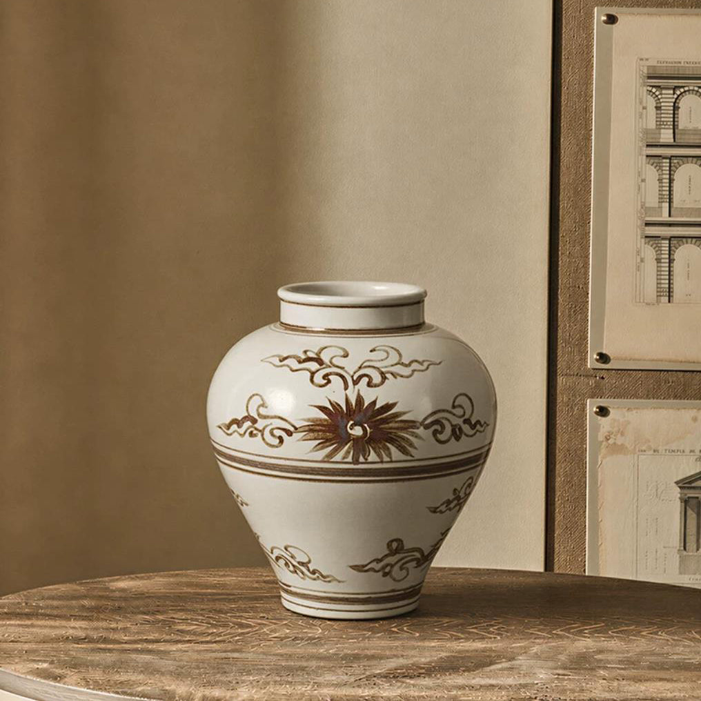 Vase in High-Fired Ceramic with Hand-Painted Motifs and Glaze