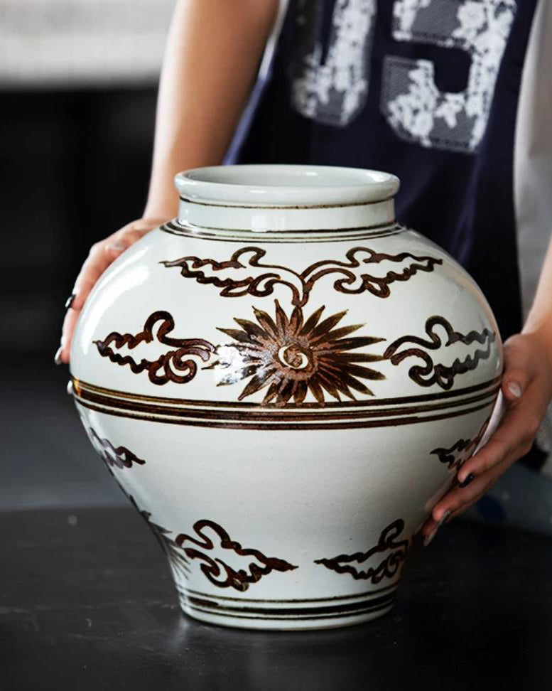 Vase in High-Fired Ceramic with Hand-Painted Motifs and Glaze