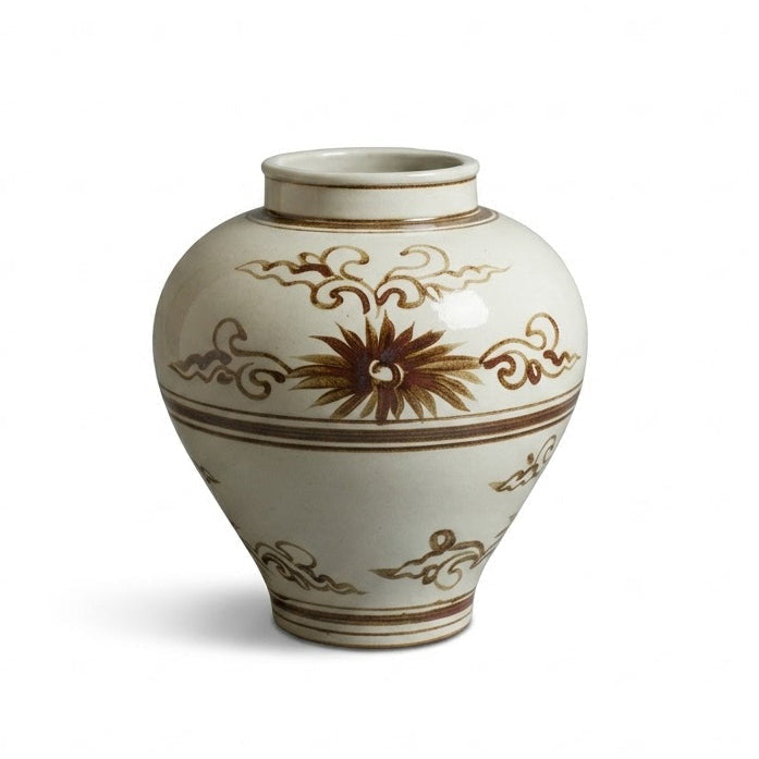 Vase in High-Fired Ceramic with Hand-Painted Motifs and Glaze
